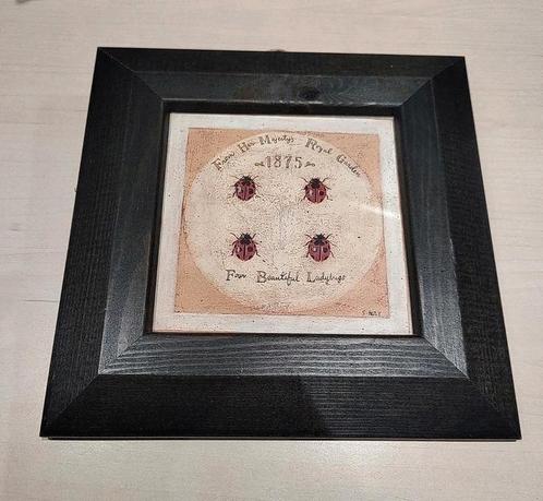 Vintage schilderij prent vier lieveheersbeestjes S. Hely, Huis en Inrichting, Woonaccessoires | Lijsten, Zo goed als nieuw, Minder dan 50 cm