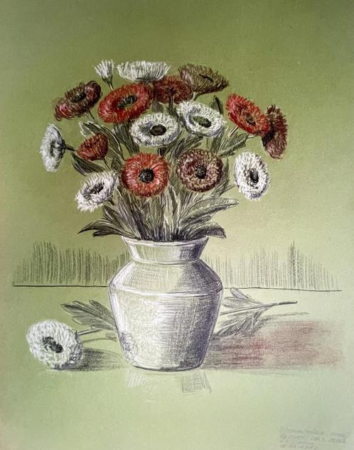 Louis van Gorkom - Bloemenfantasie - Contékrijt - 53x46, Antiek en Kunst, Kunst | Schilderijen | Klassiek, Ophalen of Verzenden