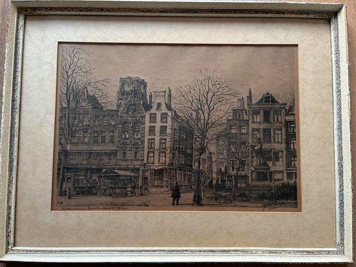 Rotterdam Grote Markt/Laurenskerk originele  potloodtekening, Antiek en Kunst, Kunst | Etsen en Gravures, Ophalen of Verzenden