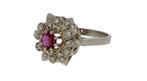 14k witgouden rozet dames ring met 12 diamanten en robijn, Sieraden, Tassen en Uiterlijk, Ringen, Voordeelsieraden, Ophalen of Verzenden