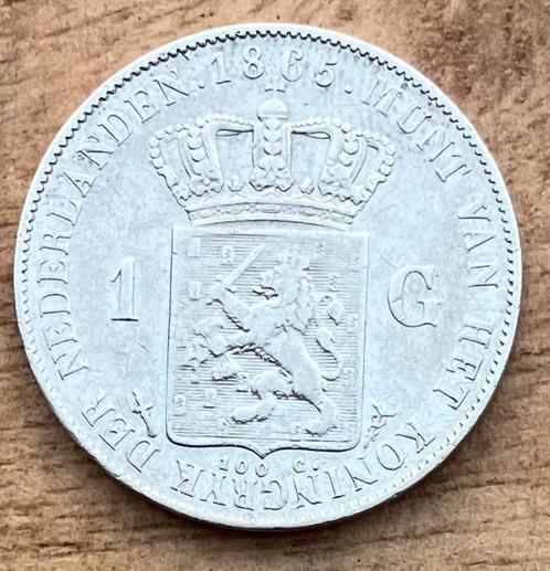 nette 1 gulden 1865 Willem III, Postzegels en Munten, Munten | Nederland, Losse munt, 1 gulden, Koning Willem III, Zilver, Ophalen