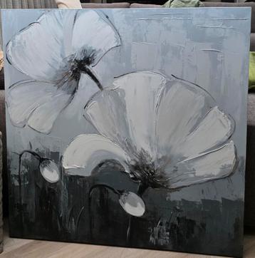 Fraai echt schilderij  twee bloemen - 100x100cm beschikbaar voor biedingen
