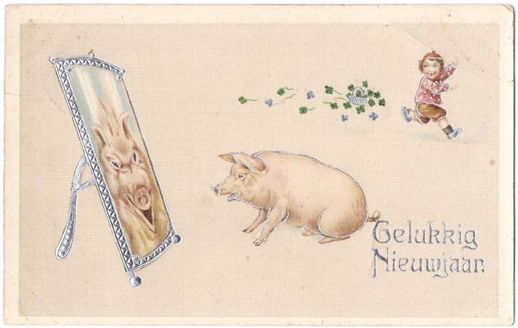 Kaart 1915 - Varken Lachspiegel Spiegel Nieuwjaar Klavertje, Verzamelen, Ansichtkaarten | Themakaarten, Gelopen, Voor 1920, Feest(dag)