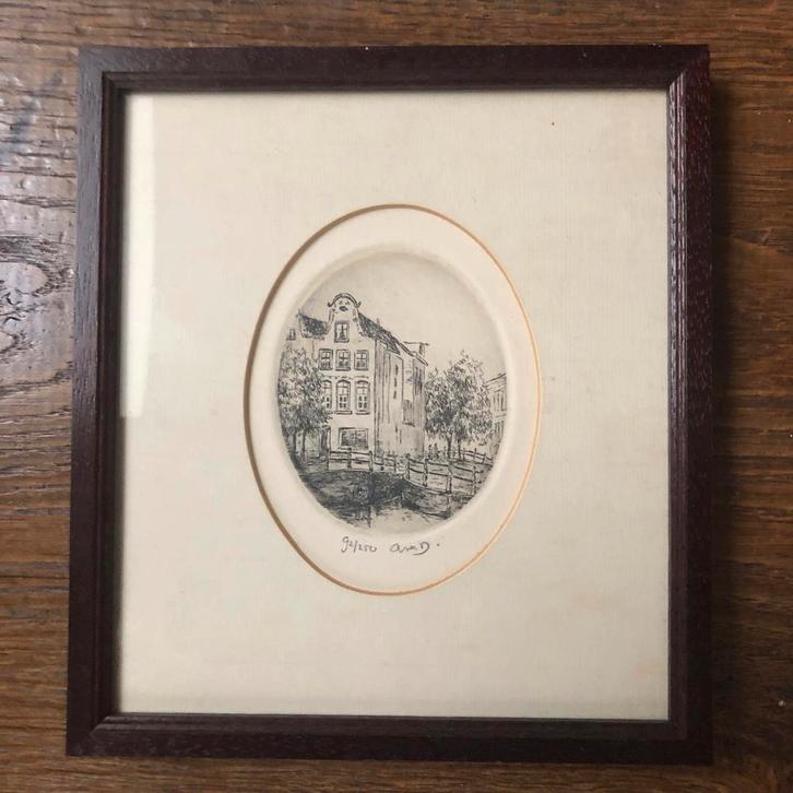 Oude stadsgezicht ets in lijst - Anna Doedijns, Antiek en Kunst, Kunst | Etsen en Gravures, Ophalen of Verzenden