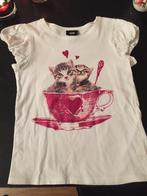 H&M wit roze top shirt kittens in een kop pofmouw 122-128, HM, Meisje, Nieuw, Ophalen of Verzenden