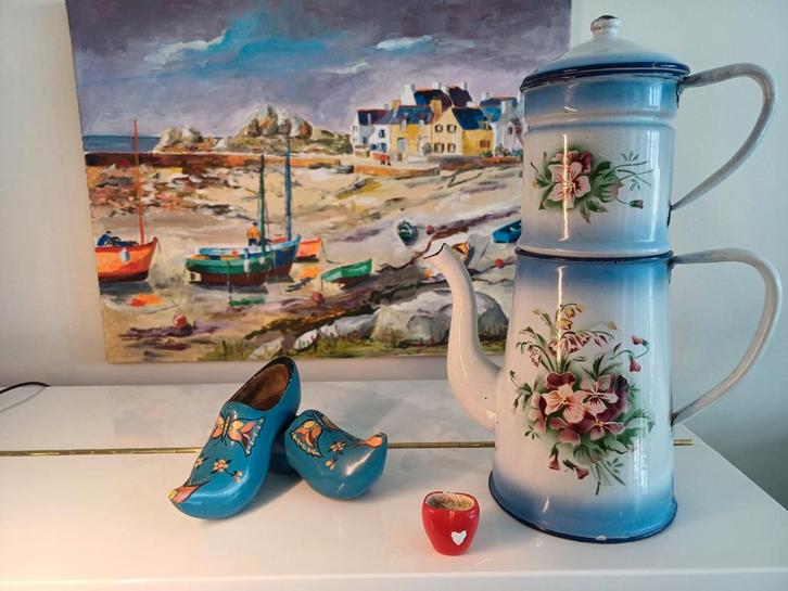 Franse Koffiepot - Blauw met Viooltjes, Antiek en Kunst, Antiek | Emaille, Ophalen of Verzenden