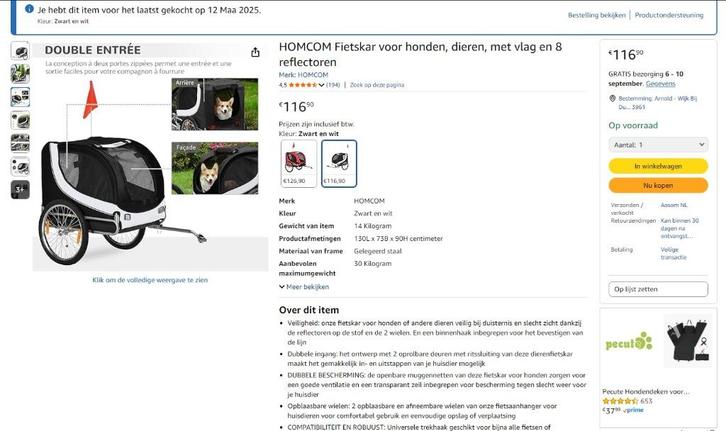 HOMCOM hondenkar + Fiets + Speigels en veiligheidlichten, Fietsen en Brommers, Fietsaccessoires | Aanhangers en Karren, Nieuw