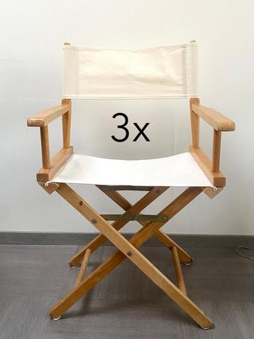 Drie regisseursstoelen, beukenhout, canvas, off white beschikbaar voor biedingen