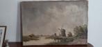 Olieverfschilderij met Hollands landschap met molens -, Antiek en Kunst, Ophalen