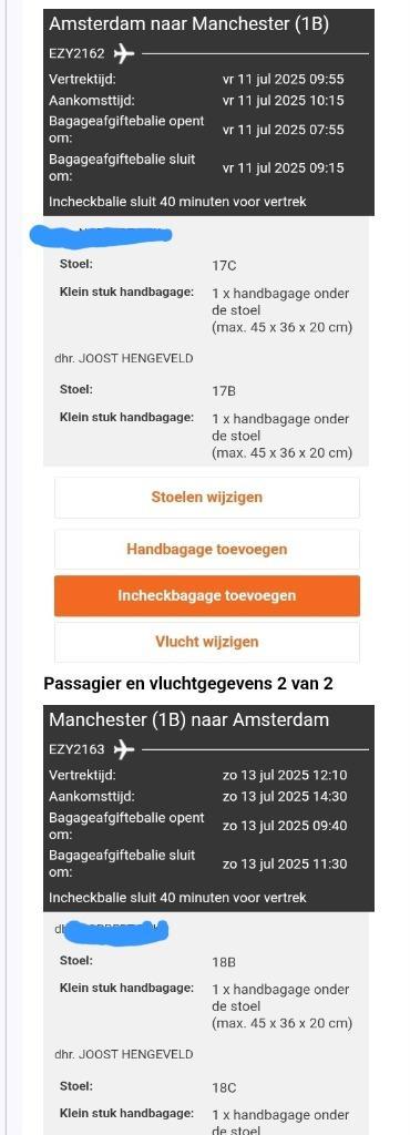 Vliegtuigticket retour - Amsterdam/Manchester, Tickets en Kaartjes, Trein, Bus en Vliegtuig, Eén persoon, Met bestemming of datum