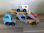Houten speelset auto’s oplegger brandweerauto, Ophalen, Gebruikt