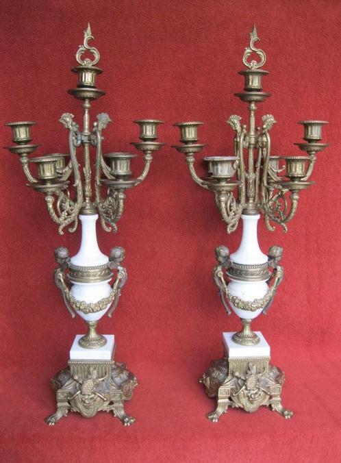 Vintage kandelaars in witte marmer en brons., Antiek en Kunst, Antiek | Kandelaars, Koper of Brons, Ophalen