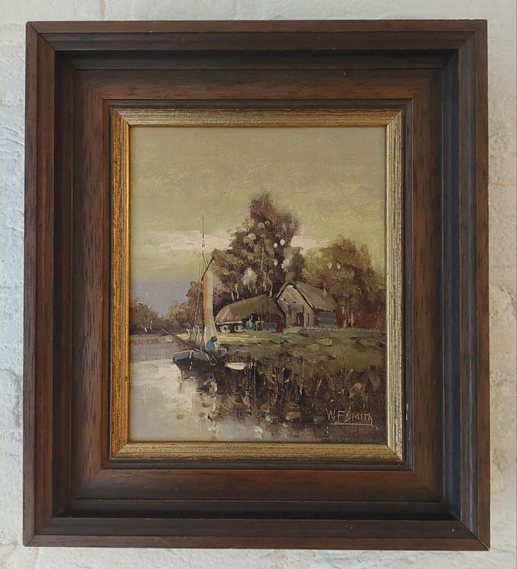 W.F. Smith schilderij, landelijk tafereel met bootje, Antiek en Kunst, Kunst | Schilderijen | Klassiek, Ophalen of Verzenden