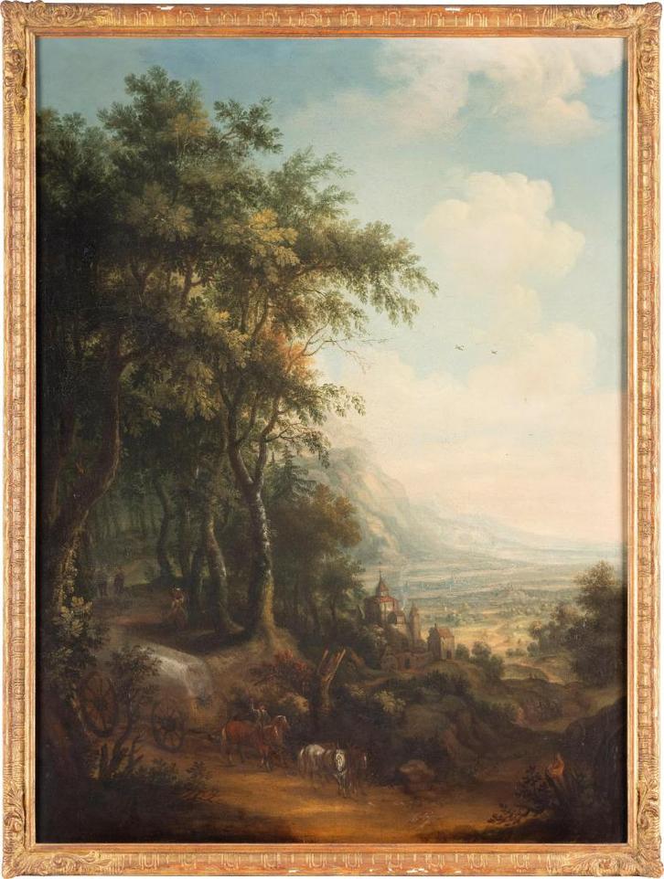 Schilderij J.K. Schneider: Berglandschap +kasteel +bos +Rijn, Antiek en Kunst, Kunst | Schilderijen | Klassiek, Ophalen