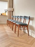 Set 6 Vintage eetkamerstoelen Deens jaren 50/60 stof, Ophalen, Hout, Gebruikt, Blauw
