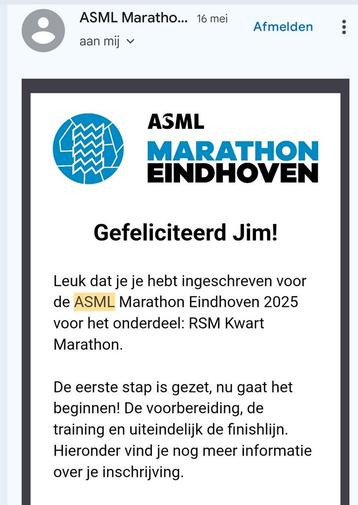Asml kwart marathon eindhoven deelname 12 oktober  beschikbaar voor biedingen