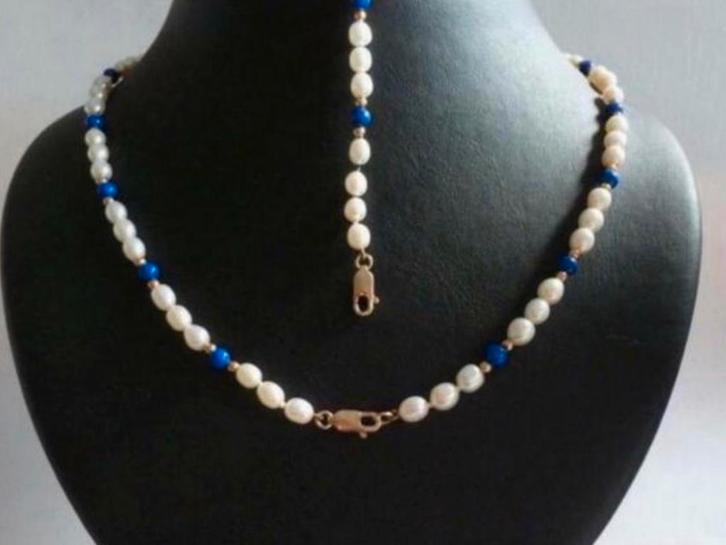 Vintage gouden set ketting armband Lapis Lazuli Parels 14 k, Sieraden, Tassen en Uiterlijk, Kettingen, Zo goed als nieuw, Goud