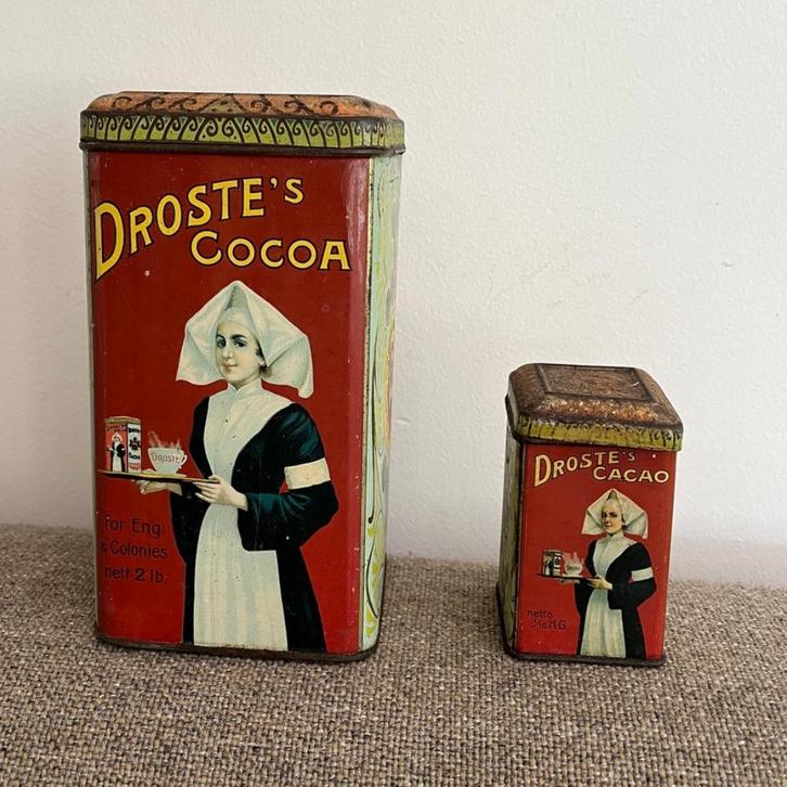 Twee oude blikken Droste Cacao, Verzamelen, Blikken, Gebruikt, Overige, Droste, Ophalen of Verzenden