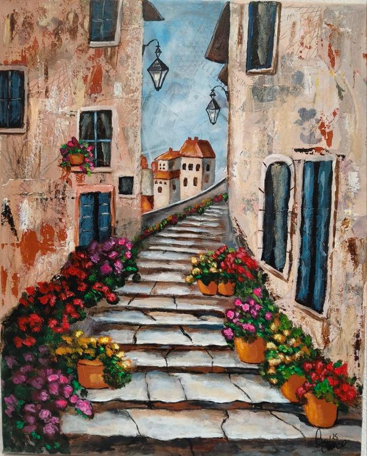 Schilderij "mooi straatje", Antiek en Kunst, Kunst | Schilderijen | Modern, Ophalen of Verzenden