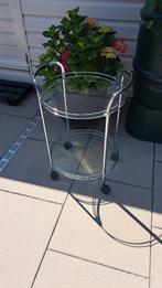 Retro Glazen serveertafel, bijzettafel op wieltjes., Huis en Inrichting, Tafels | Bijzettafels, Ophalen, Minder dan 55 cm, Rond
