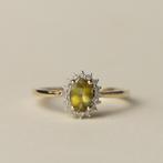 Vintage 9 karaat gouden citrien en diamant halo ring, Verzenden, Zo goed als nieuw, 17 tot 18, Nvt
