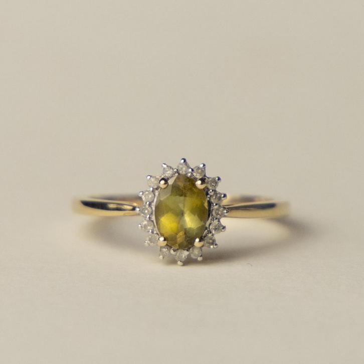 Vintage 9 karaat gouden citrien en diamant halo ring, Sieraden, Tassen en Uiterlijk, Ringen, Zo goed als nieuw, Dame, 17 tot 18