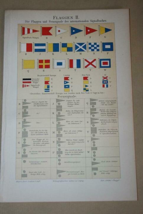 Antieke kleurenlitho - Vlaggen internationale seinboek 1900!, Antiek en Kunst, Kunst | Litho's en Zeefdrukken, Ophalen of Verzenden