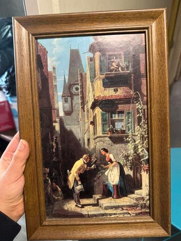 Klassiek schilderij in houten lijst romantische straatscène beschikbaar voor biedingen