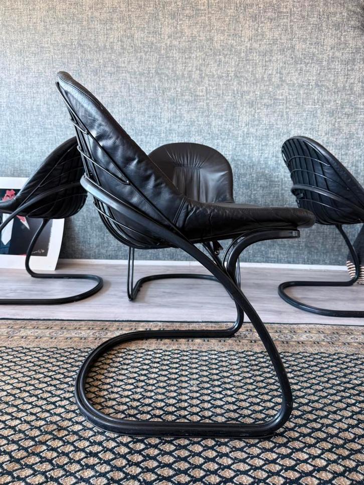 4x Pascale Dining Chairs by Gastone Rinaldi for Thema, 1970s, Huis en Inrichting, Stoelen, Gebruikt, Vier, Leer, Metaal, Zwart