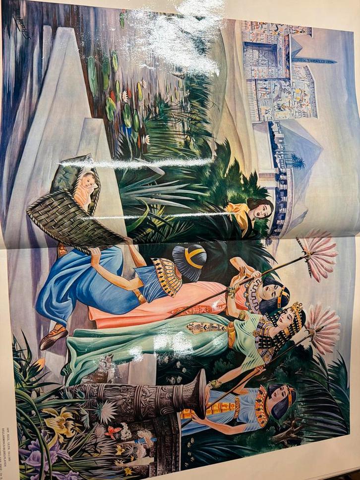 Oude Bijbelse Prenten - Mozes in de Biesmand, Antiek en Kunst, Antiek | Schoolplaten, Geschiedenis, Ophalen