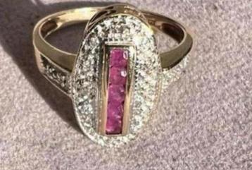 ANTIEKE GOUDEN ART DECO RING MET 5 ROBIJNEN EN DIAMANTEN beschikbaar voor biedingen