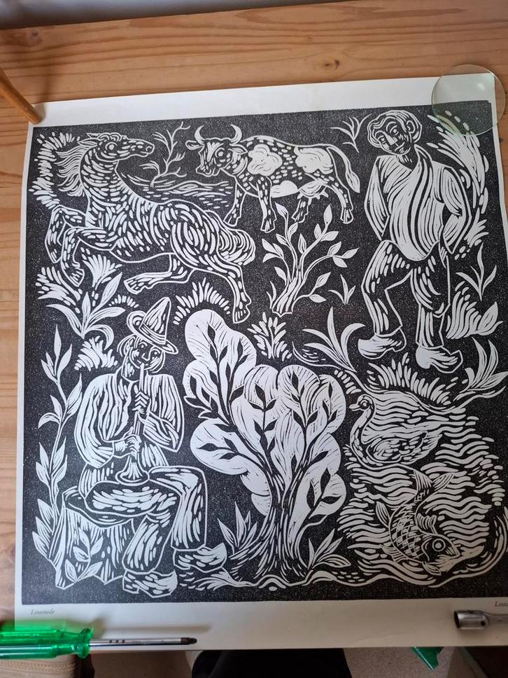 Louis Schrikkel Linosnede, Antiek en Kunst, Kunst | Etsen en Gravures, Ophalen