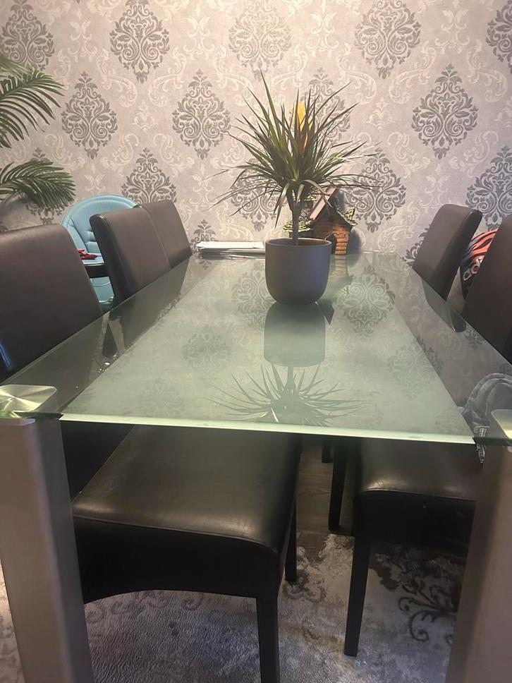 Glazen eettafel met 6 stoelen, Huis en Inrichting, Tafels | Eettafels, Zo goed als nieuw, 50 tot 100 cm, 150 tot 200 cm, Vijf personen of meer