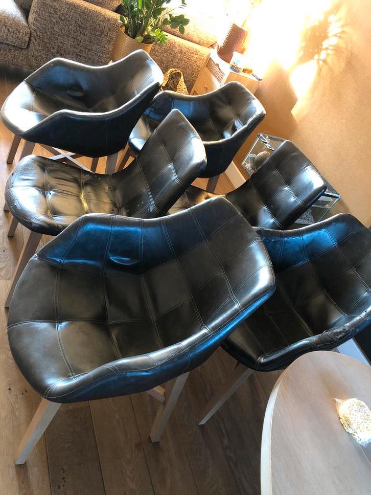 6 eetkamer stoelen, lange zitting, antraciet/bruin, Huis en Inrichting, Stoelen, Gebruikt, Vijf, Zes of meer stoelen, Overige materialen