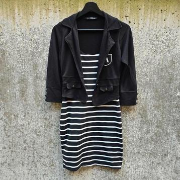 Jane Norman zwart wit gestreepte jurk met jasje en embleem L beschikbaar voor biedingen