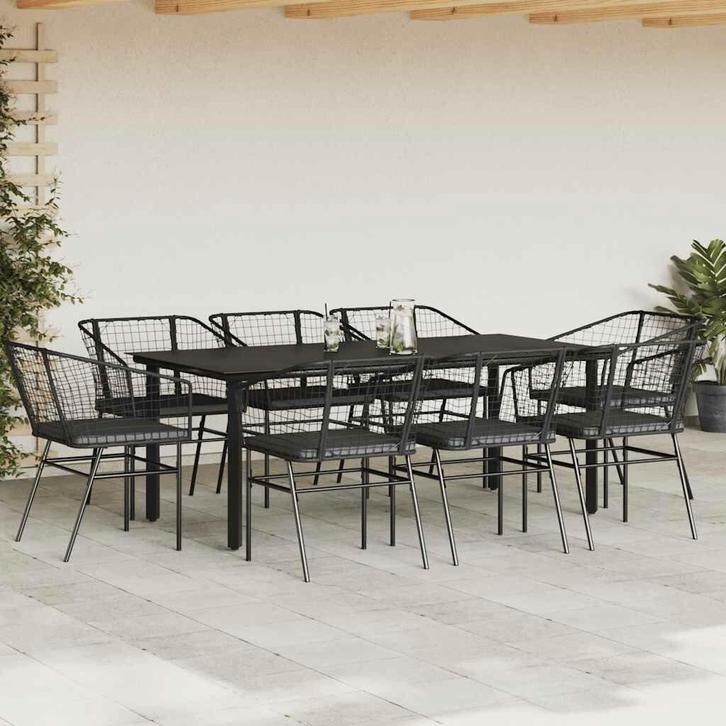 9-delige Tuinset met kussens poly rattan glas zwart, Tuin en Terras, Tuinsets en Loungesets, Nieuw, Tuinset, Kunststof, 8 zitplaatsen