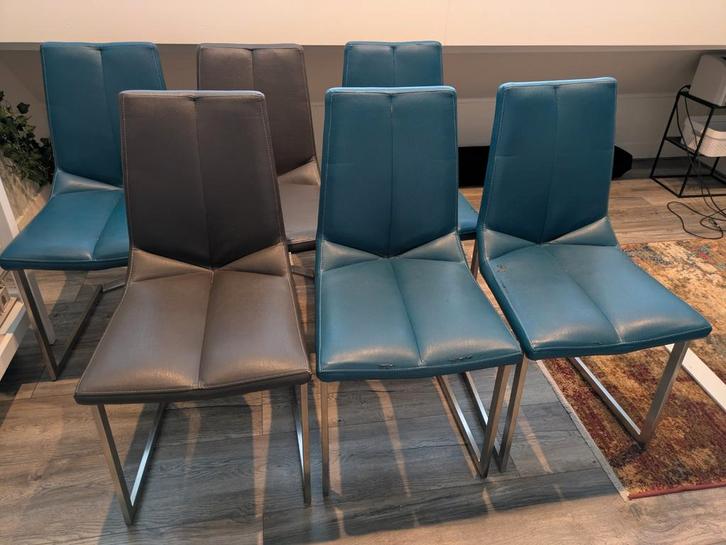 6 Xooon Eetkamerstoelen - Antraciet & Petrol - Kunstleder, Huis en Inrichting, Stoelen, Gebruikt, Vijf, Zes of meer stoelen, Grijs