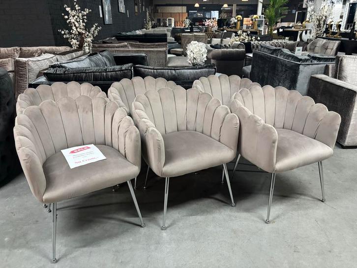 6 Taupe Velvet Eetkamerstoelen met Zilveren Frame, Huis en Inrichting, Stoelen, Nieuw, Vijf, Zes of meer stoelen, Overige kleuren