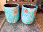 Set van 2 aqua kleurige bloempotten., Ophalen, Gebruikt, Rond, Minder dan 25 cm