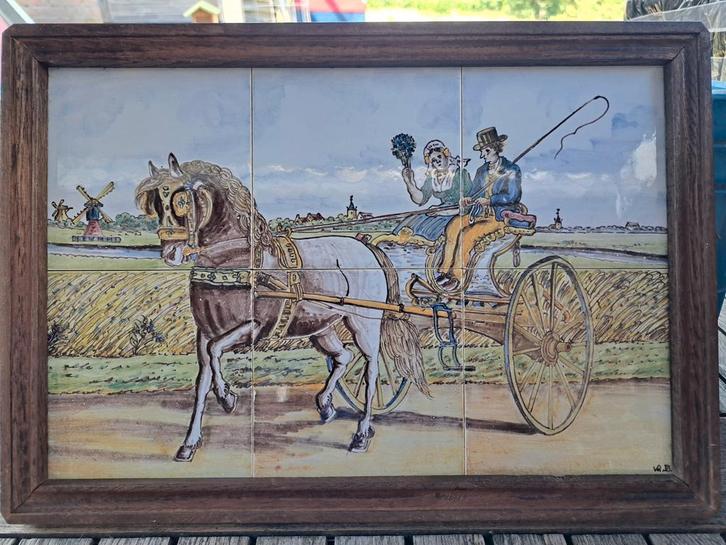 Tegel Tableau - Paard en Wagen in Lijst, Antiek en Kunst, Antiek | Wandborden en Tegels, Ophalen of Verzenden