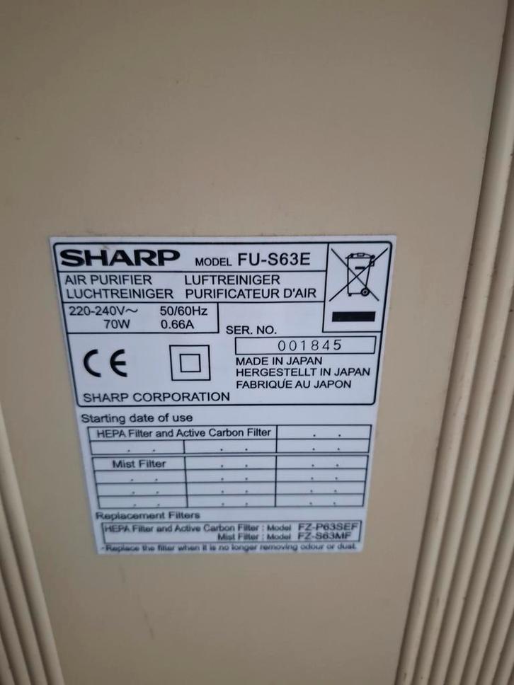 Sharp FU-S63E Luchtreiniger met Ionisator, Witgoed en Apparatuur, Luchtbehandelingsapparatuur, Gebruikt, Luchtreiniger, Ophalen of Verzenden
