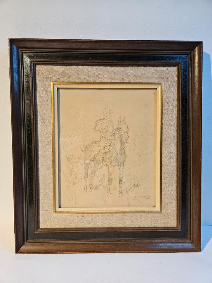 H.W. Koekkoek - Ruiter te Paard, Potloodtekening, Antiek en Kunst, Kunst | Tekeningen en Foto's, Ophalen of Verzenden