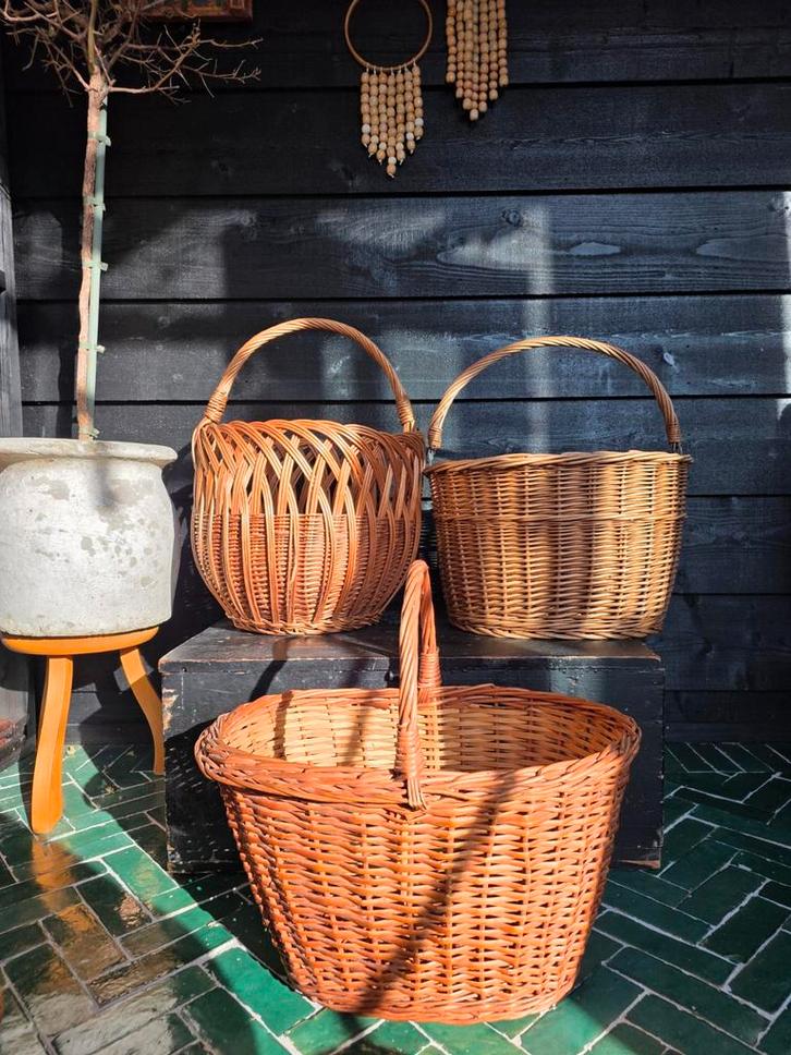 Vintage rotan mand (2x) & fietsmand (1x), Huis en Inrichting, Woonaccessoires | Schalen en Manden, Zo goed als nieuw, Overige vormen