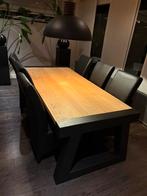Robuuste industriële houten tafel met stalen poten met stoel, Huis en Inrichting, Tafels | Eettafels, Ophalen, Eikenhout, 200 cm of meer