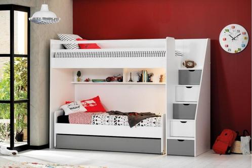 Neo stapelbed (met bedlade) - 90x200 - Wit/grijs, Huis en Inrichting, Slaapkamer | Stapelbedden en Hoogslapers, Nieuw, Ophalen of Verzenden