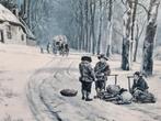 Schilderij prent winterlandschap houten lijst, Huis en Inrichting, Ophalen of Verzenden