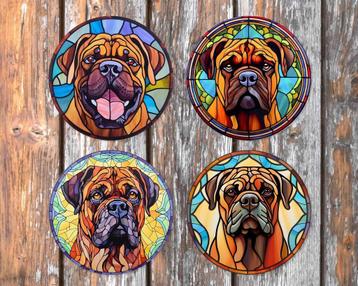 Bullmastiff Glas in Lood onderzetters met houder rond beschikbaar voor biedingen