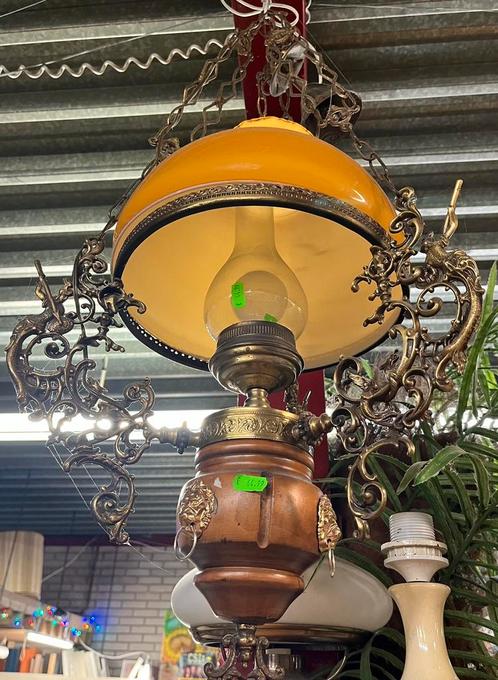 Antieke koperen kroonluchter met glas, Antiek en Kunst, Antiek | Lampen, Ophalen of Verzenden