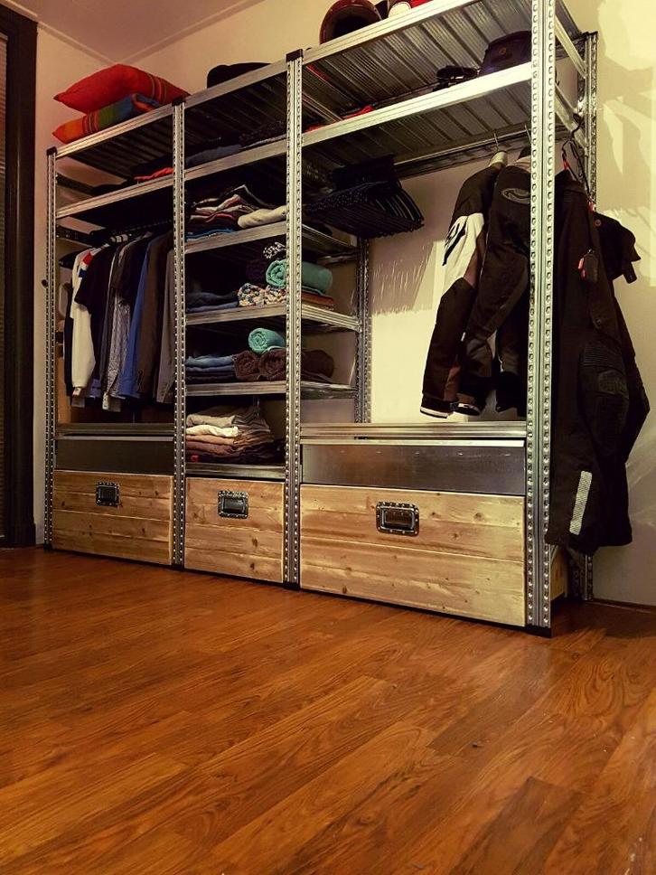 Kledingkast industrieel van staal met steigerhout elke maat, Huis en Inrichting, Kasten | Kledingkasten, Nieuw, 200 cm of meer