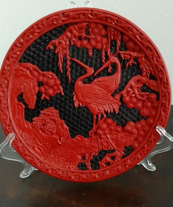 Vintage Chinees Lakwerk Bord met Kraanvogels, Verzamelen, Overige Verzamelen, Ophalen of Verzenden